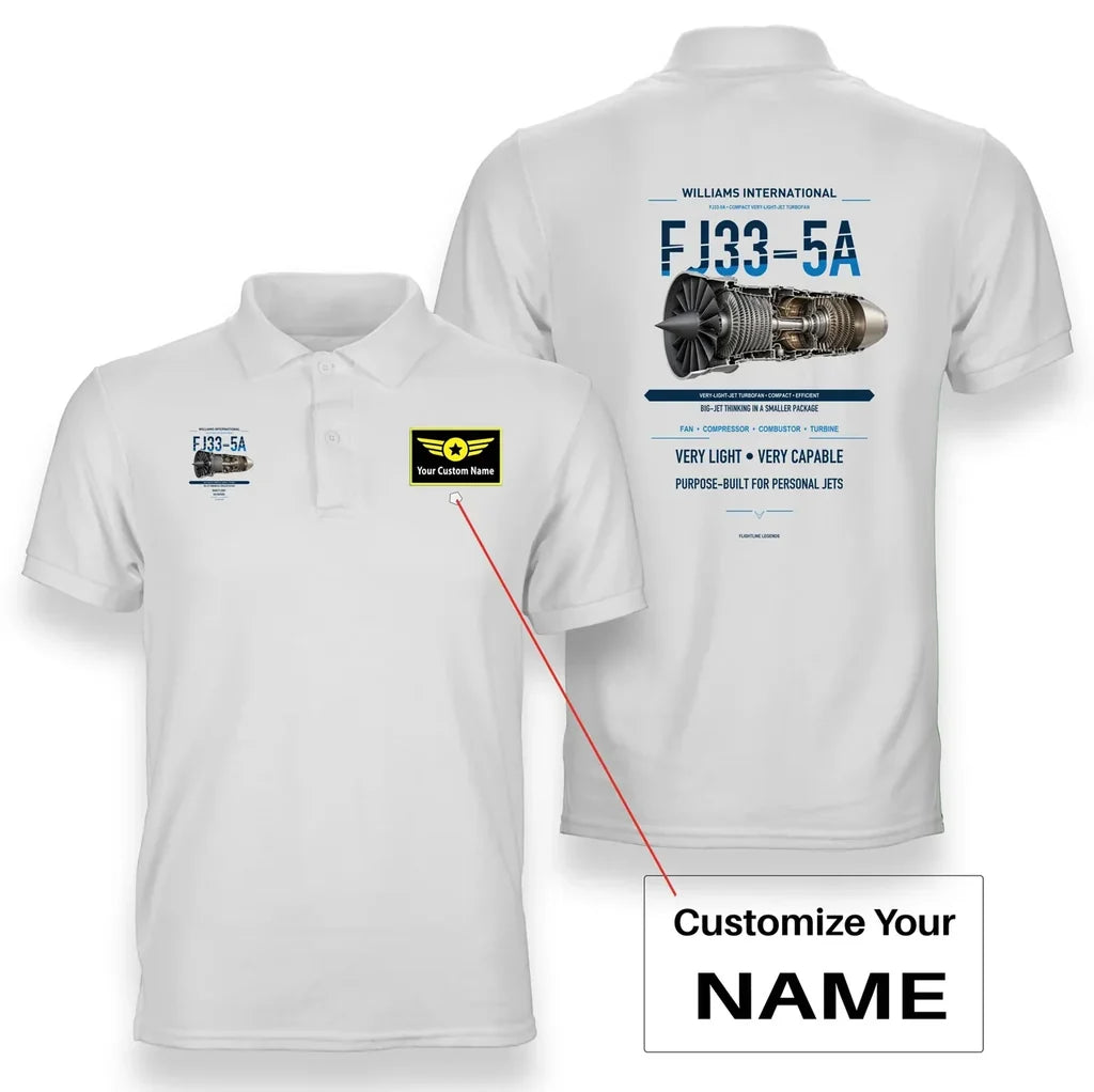 FJ33-5A design on white polo with custom name badge