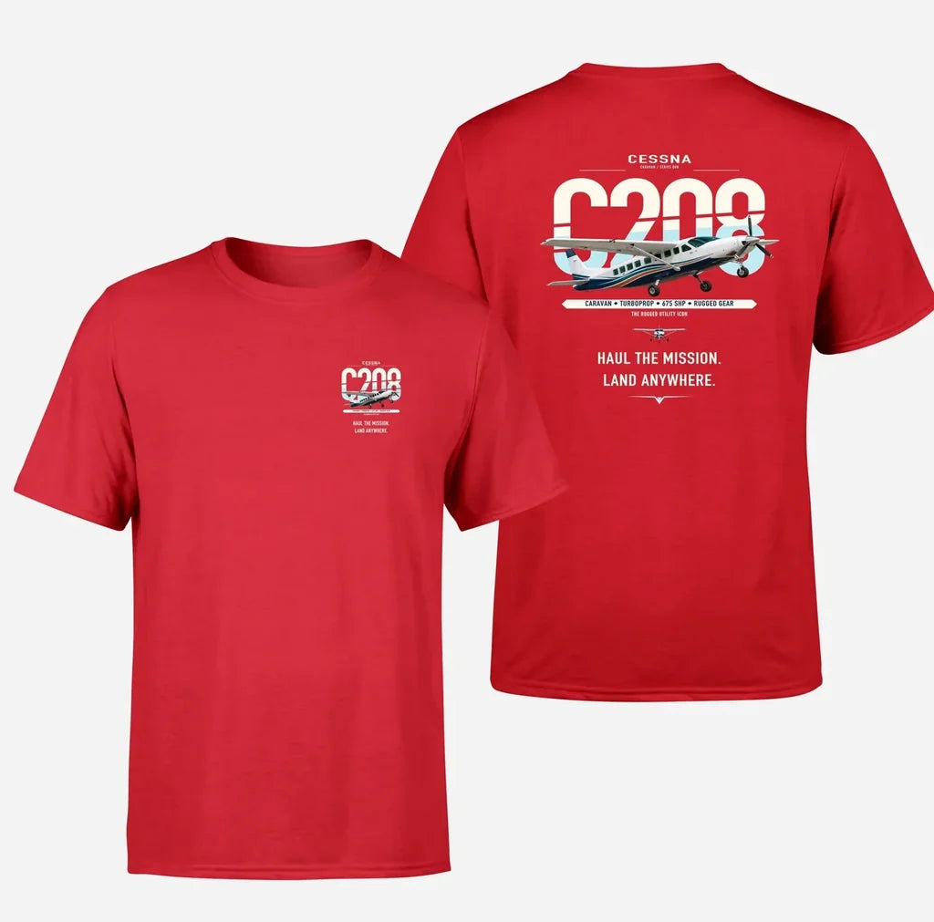 Cessna 208 Caravan design on red t-shirt, double-side print