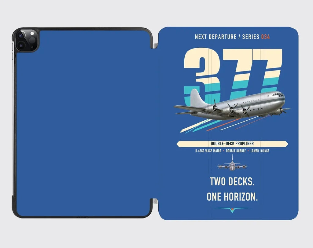 Boeing 377 Stratocruiser design on blue ipad tablet case
