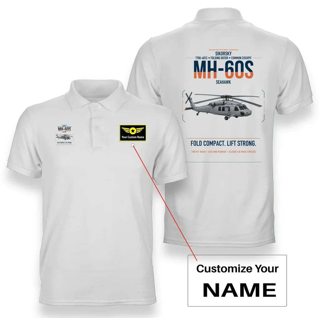 Sikorsky MH-60S Seahawk design on white+name double-side polo t-shirt, double-side print