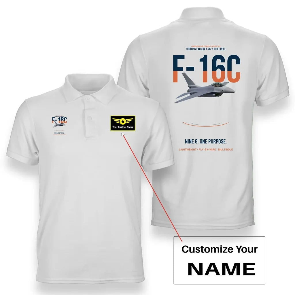 F-16C FIGHTING FALCON design on white polo with custom name badge