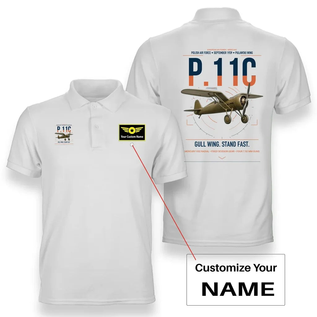 PZL P.11c design on white+name double-side polo t-shirt, double-side print