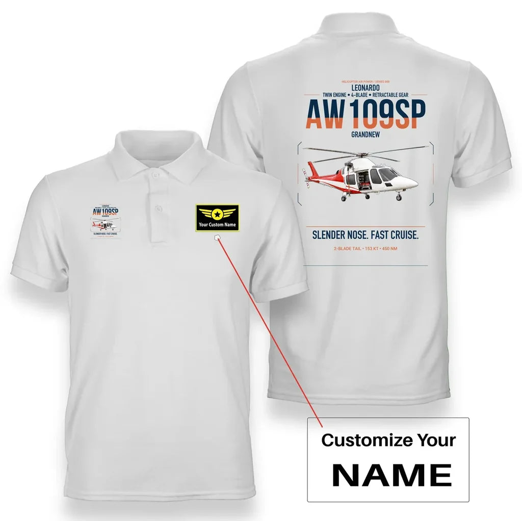 Leonardo AW109SP GrandNew design on white+name double-side polo t-shirt, double-side print