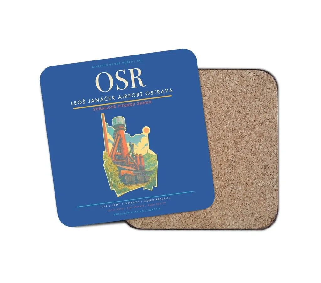 Leoš Janáček Airport Ostrava (OSR) design on blue 1 piece coaster