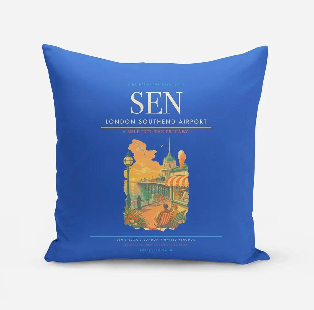 London Southend Airport (SEN) design on blue pillow
