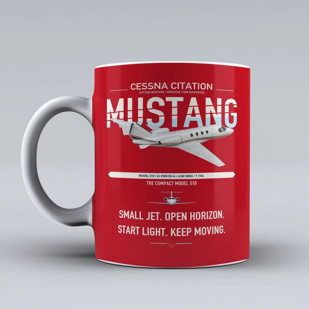Cessna Citation Mustang design on red ceramic mug, double-side print