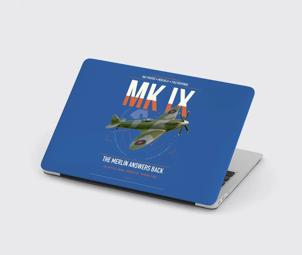 Supermarine Spitfire Mk IX design on blue MacBook case