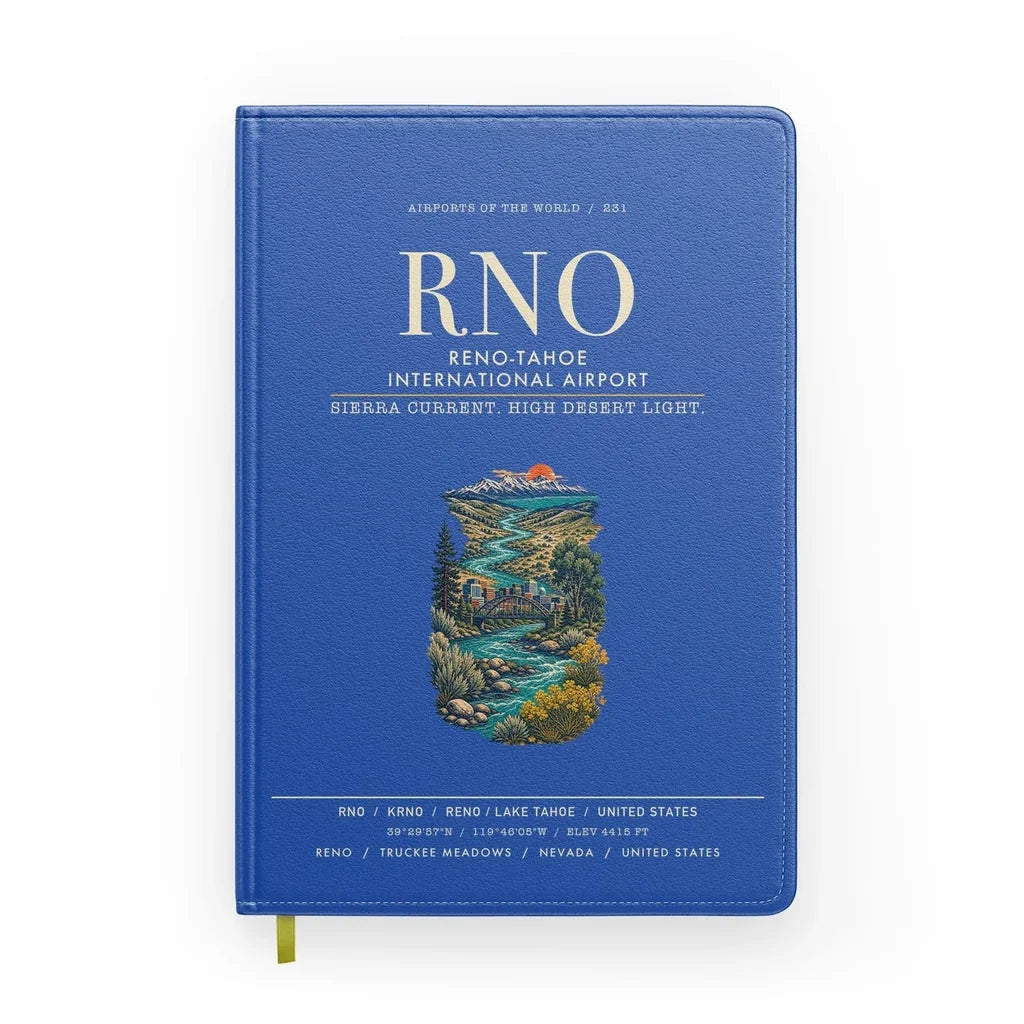 Reno-Tahoe International Airport (RNO) design on blue notebook