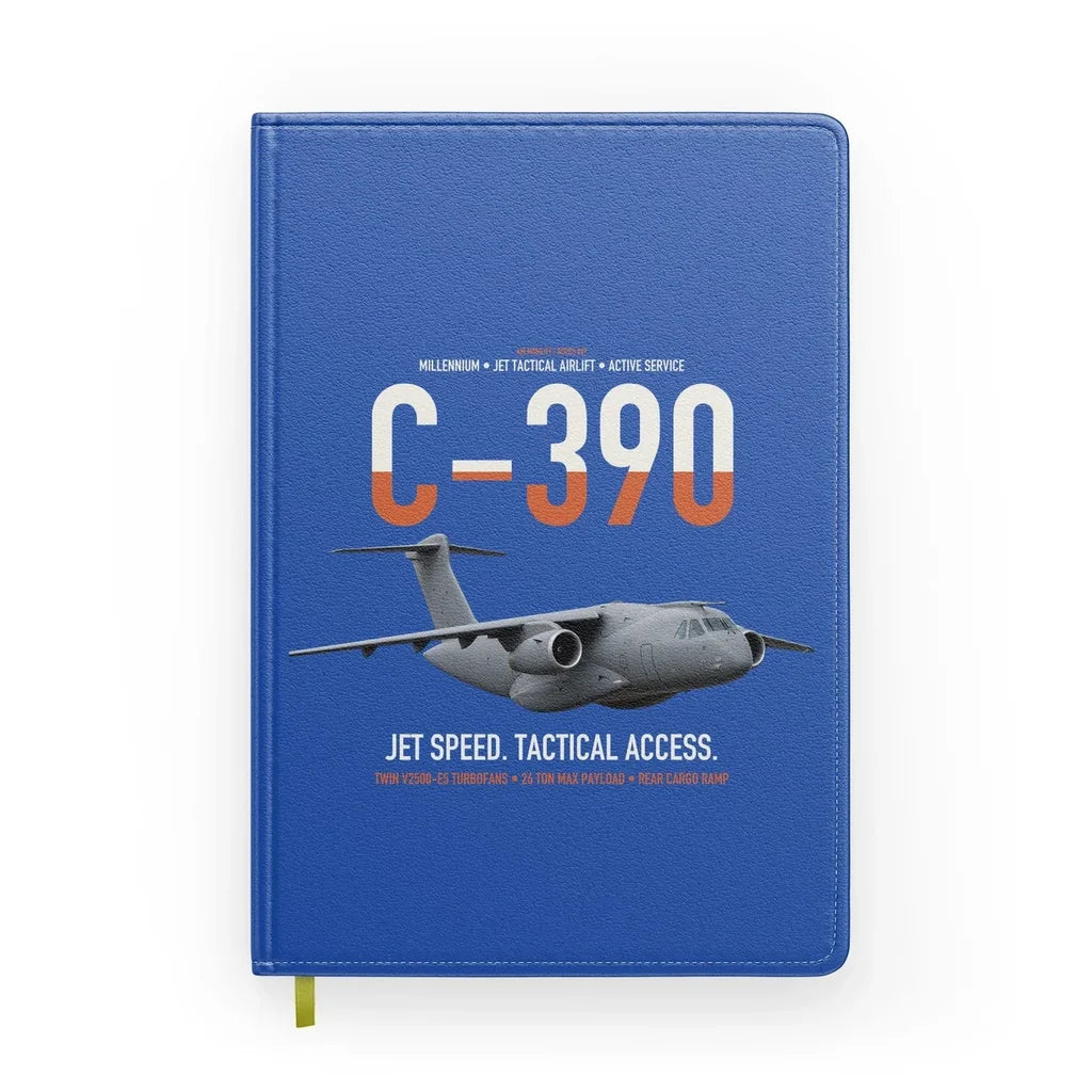 C-390 Millennium design on blue notebook