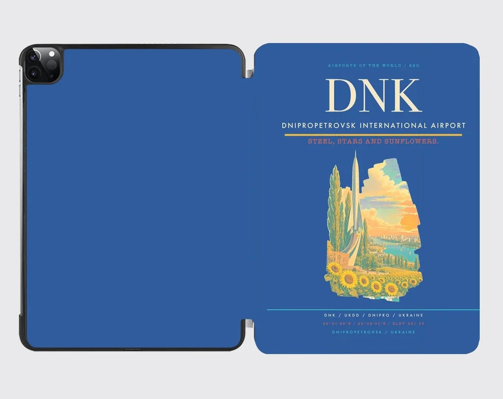 Dnipropetrovsk International Airport (DNK) design on blue ipad tablet case