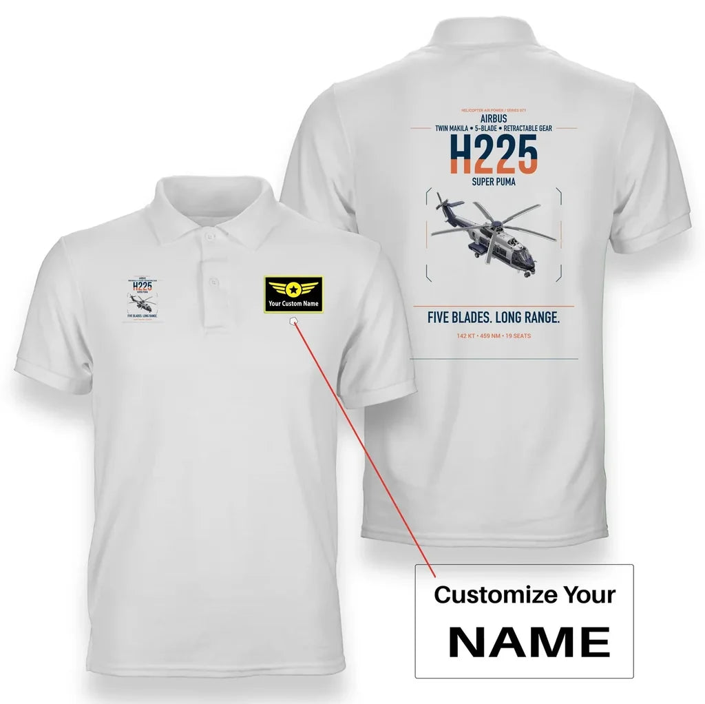 Airbus H225 design on white+name double-side polo t-shirt, double-side print