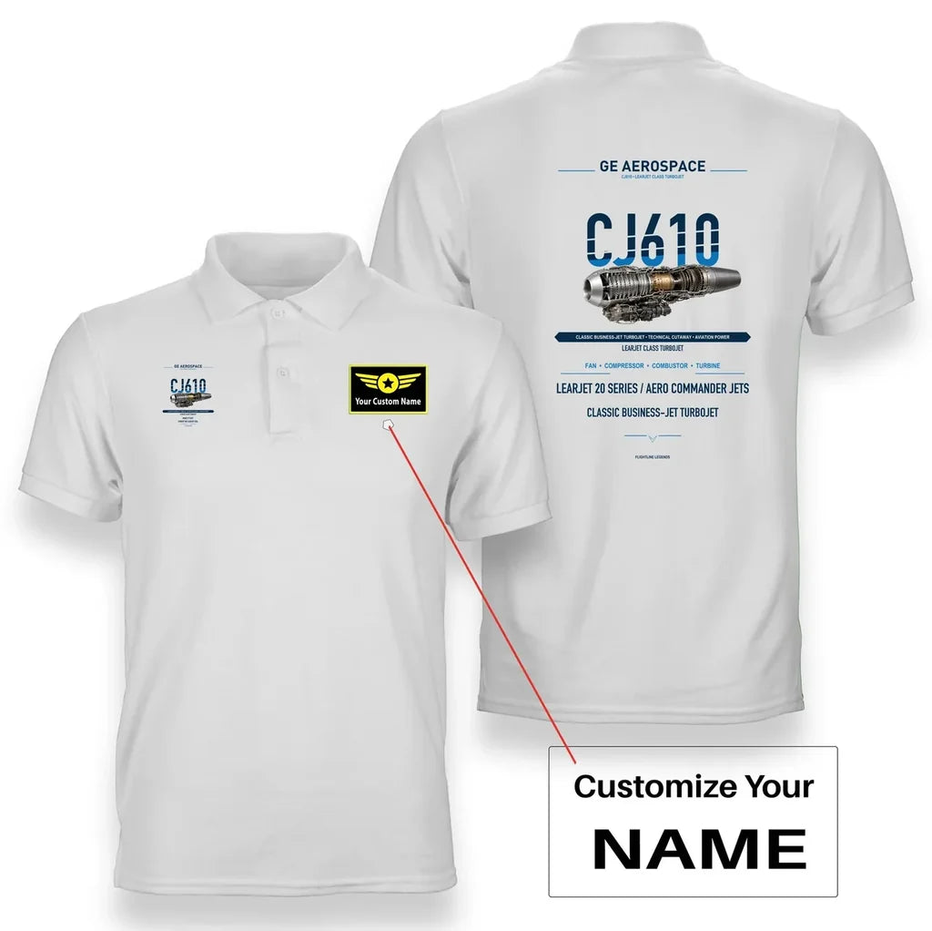 CJ610 design on white polo with custom name badge