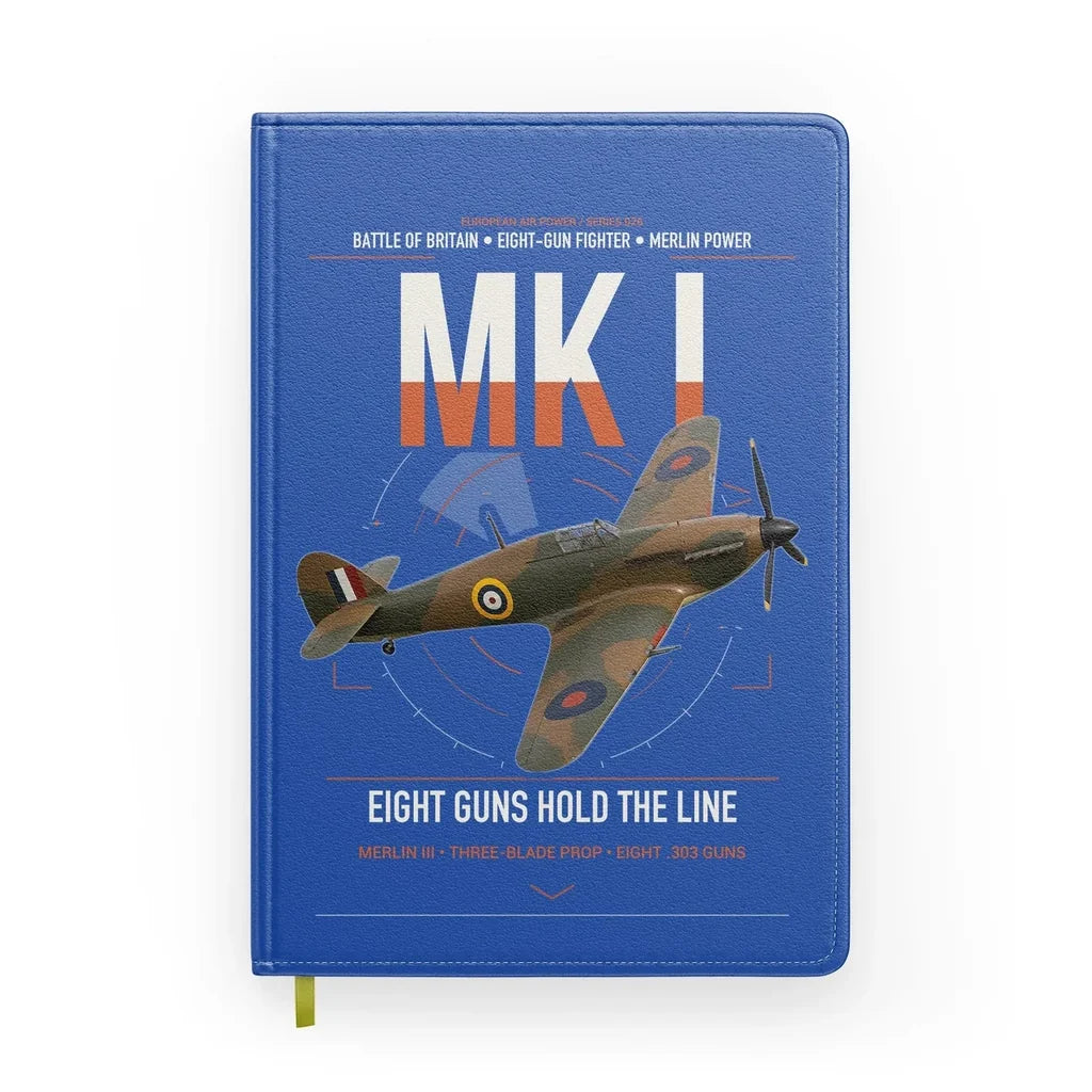Hawker Hurricane Mk I design on blue notebook