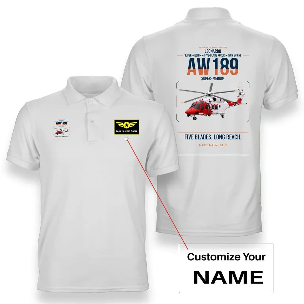 Leonardo AW189 design on white+name double-side polo t-shirt, double-side print