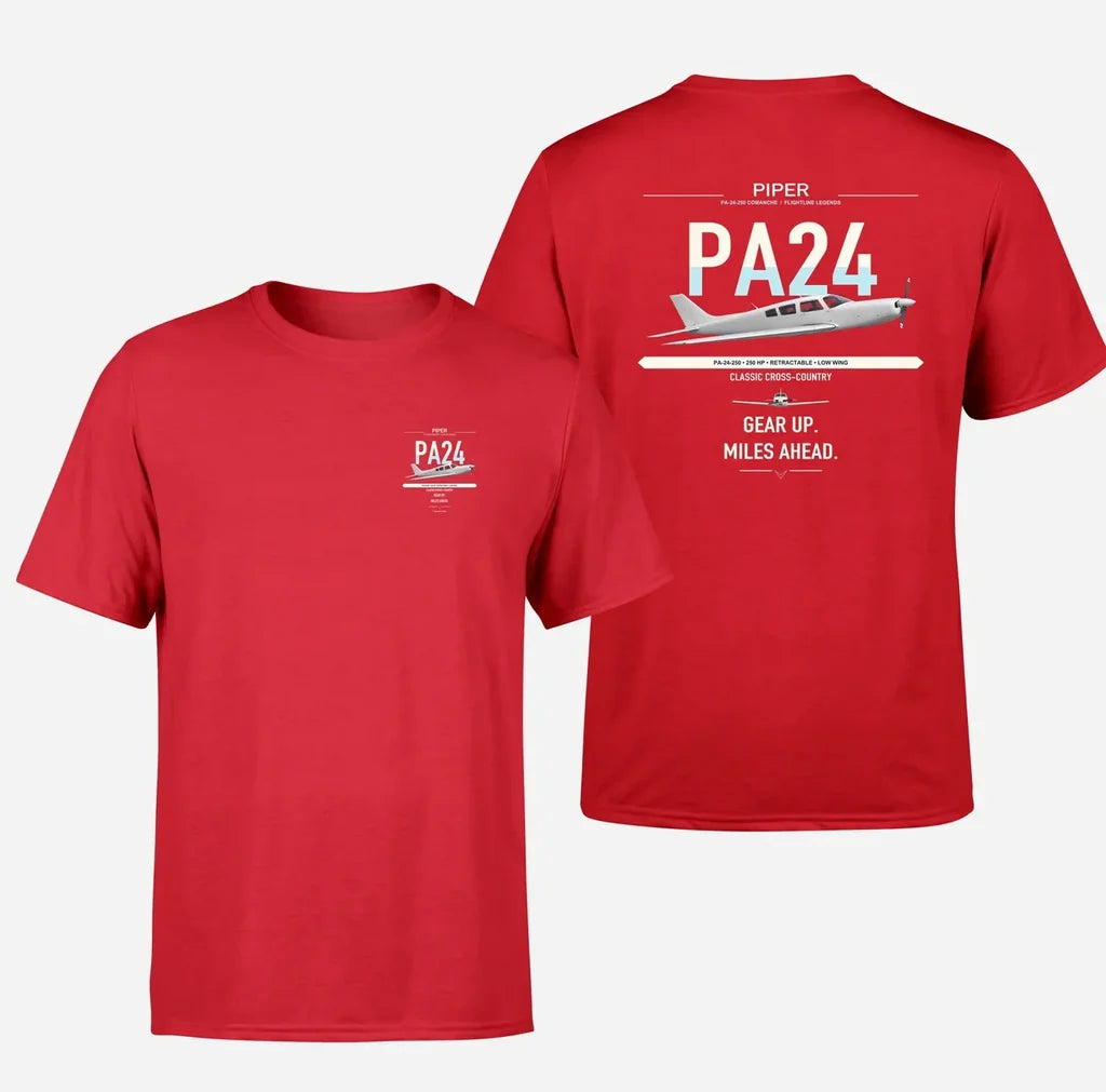 Piper PA-24-250 Comanche 250 design on red t-shirt, double-side print
