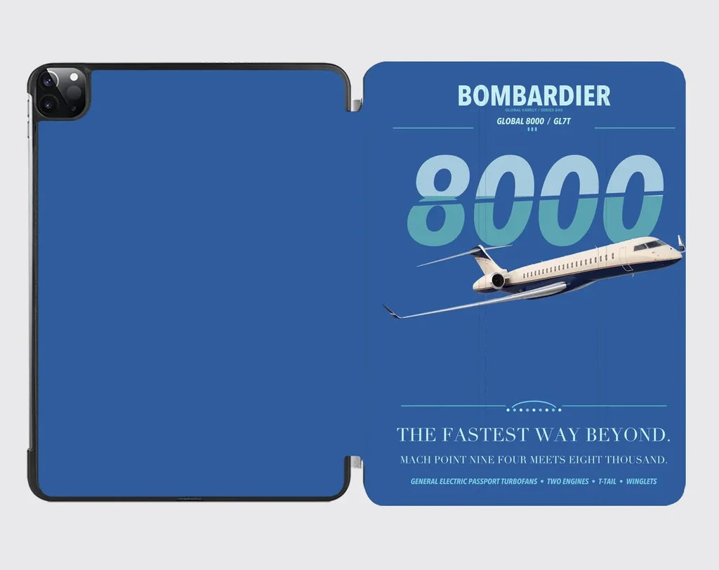 Bombardier Global 8000 design on blue ipad tablet case