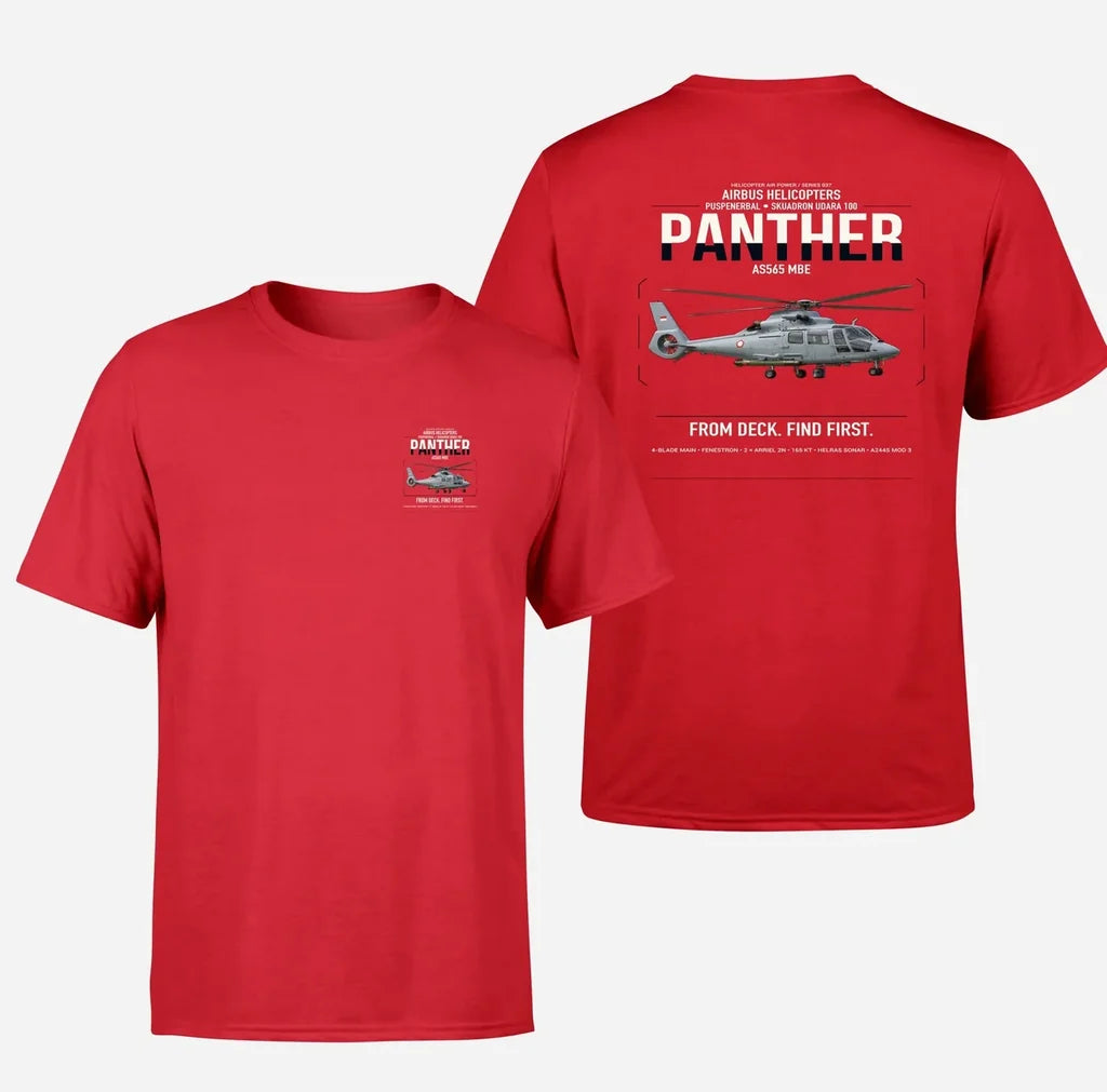 Airbus Helicopters AS565 MBe Panther design on red t-shirt, double-side print