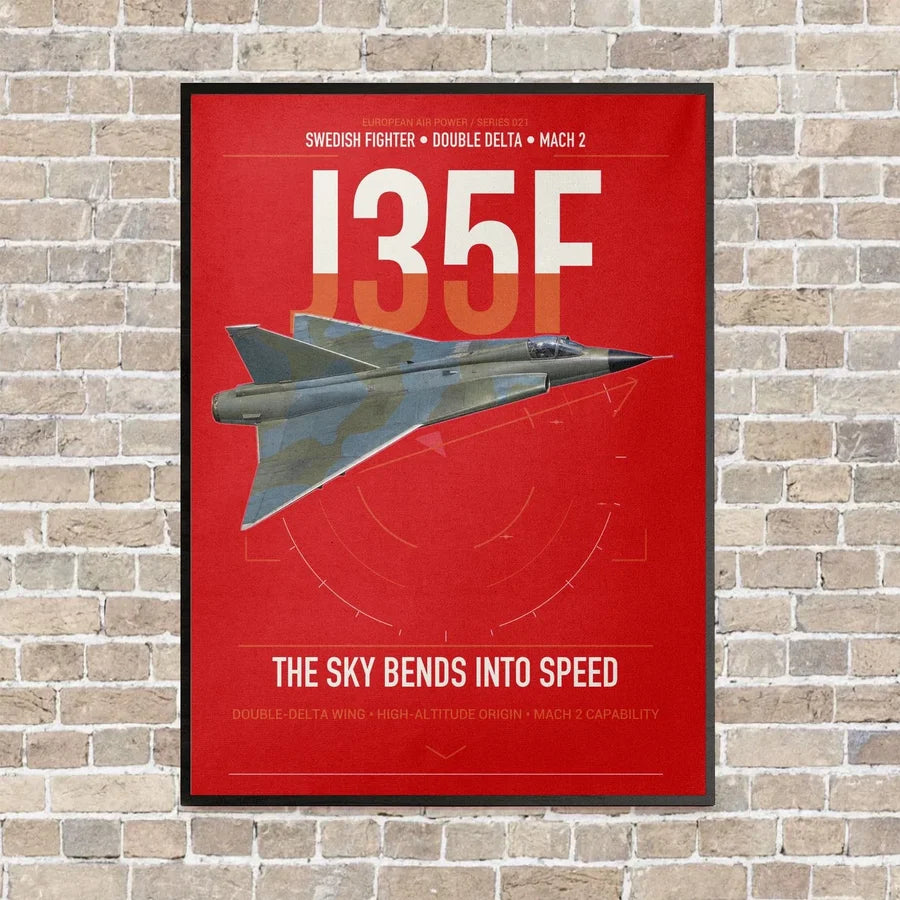 Saab J 35F Draken vertical canvas print - framed - red background