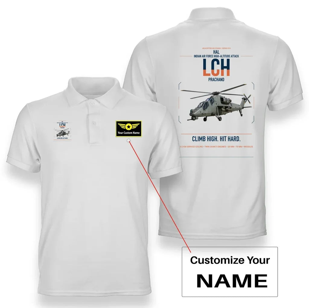 HAL LCH Prachand design on white+name double-side polo t-shirt, double-side print