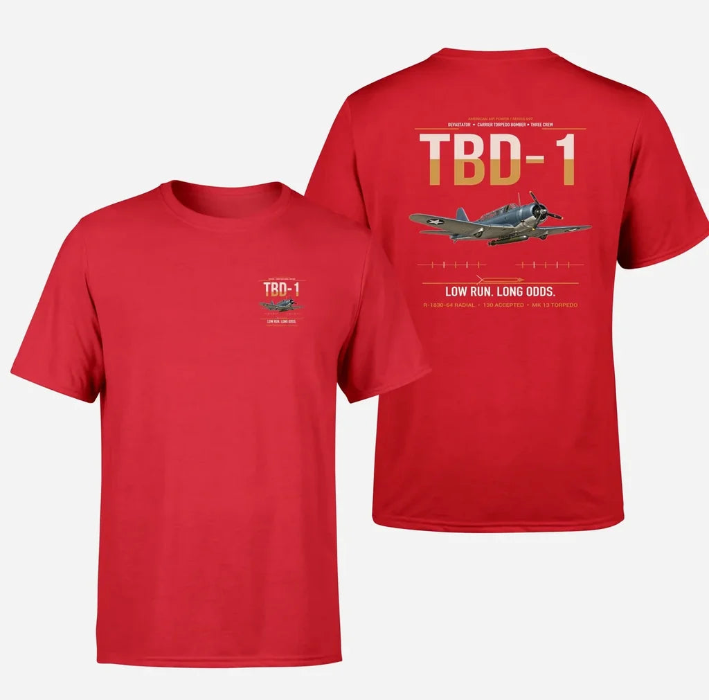TBD-1 Devastator design on red double-side t-shirt, double-side print