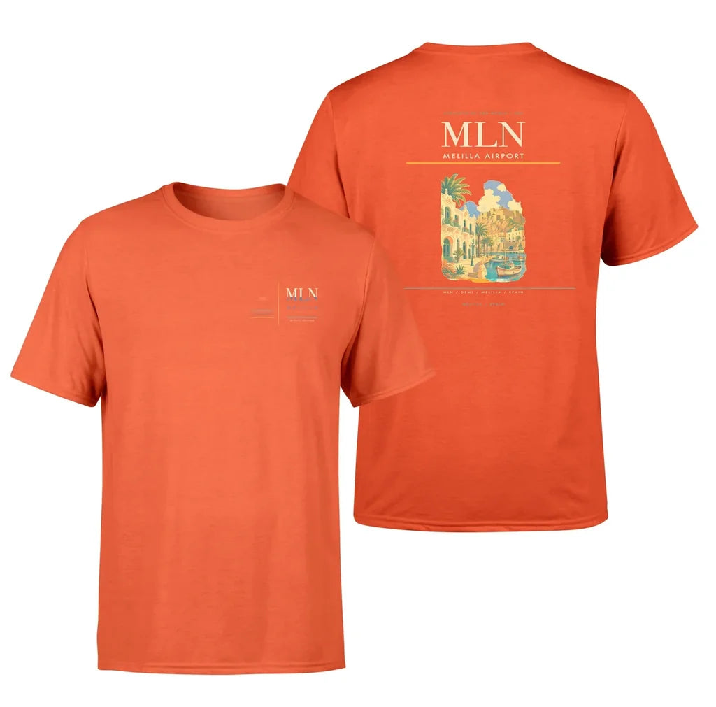 Melilla Airport (MLN) design printed on orange double-side t-shirt