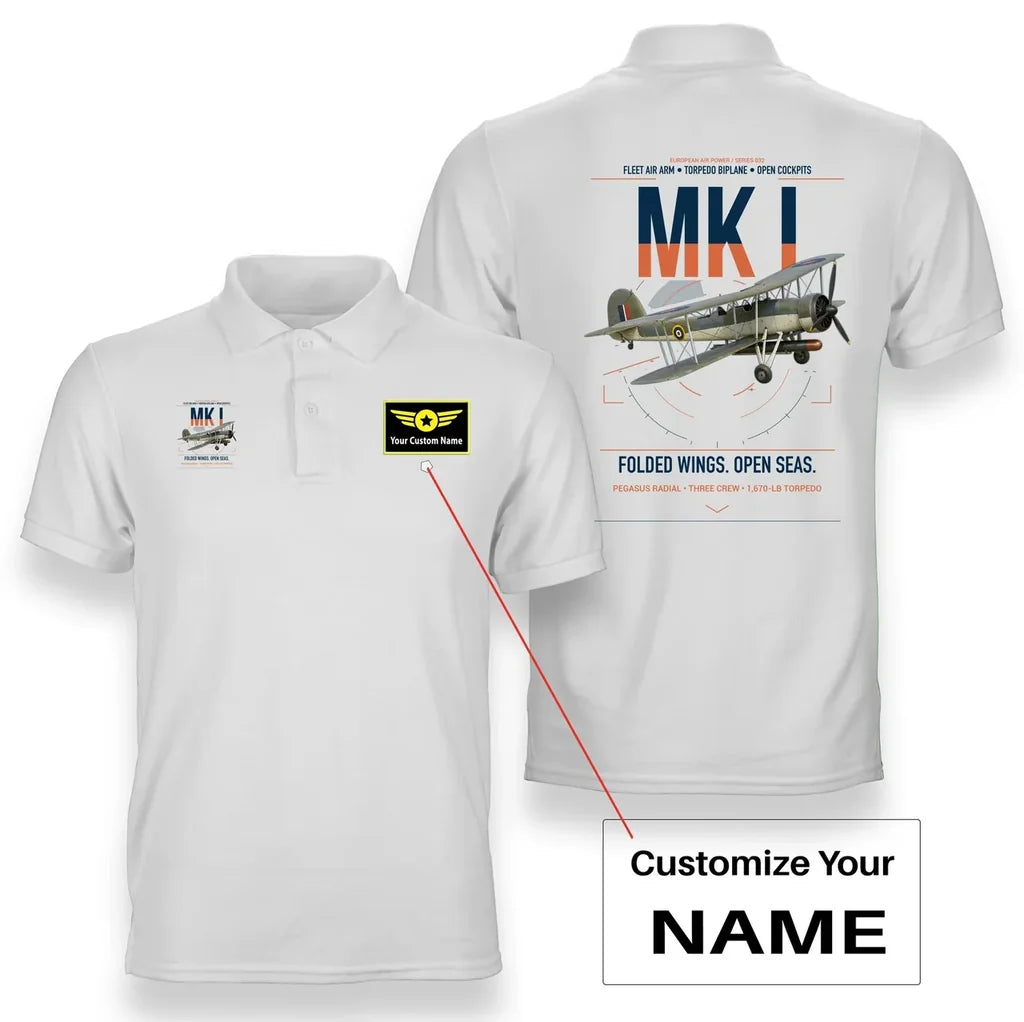 Fairey Swordfish Mk I design on white+name double-side polo t-shirt, double-side print