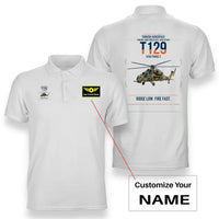 Thumbnail for Turkish Aerospace T129 ATAK Phase 2 design on white+name double-side polo t-shirt, double-side print