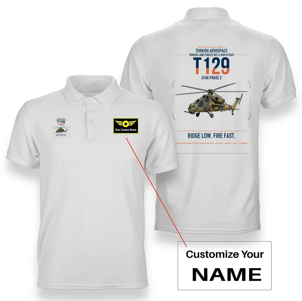 Turkish Aerospace T129 ATAK Phase 2 design on white+name double-side polo t-shirt, double-side print