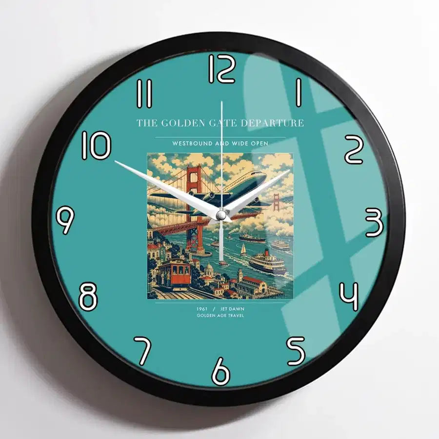 VINTAGE G4116 - The Golden Gate Departure - Designed Wall Clocks design on turquoise framed