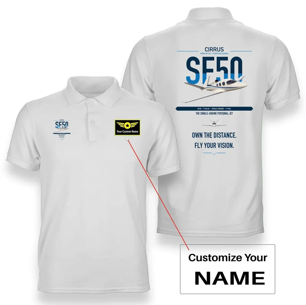 Cirrus Vision Jet G2+ design on white+name double-side polo t-shirt, double-side print