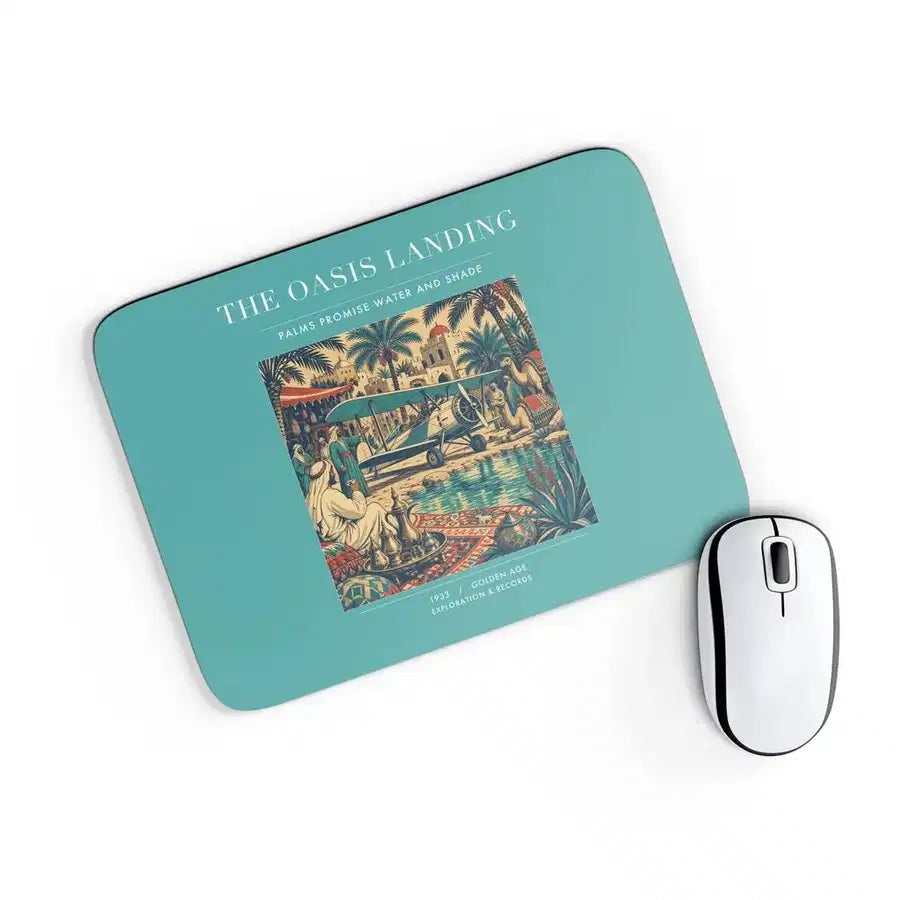 VINTAGE G4331 - The Oasis Landing - Designed Mouse Pads design on turquoise rectangle