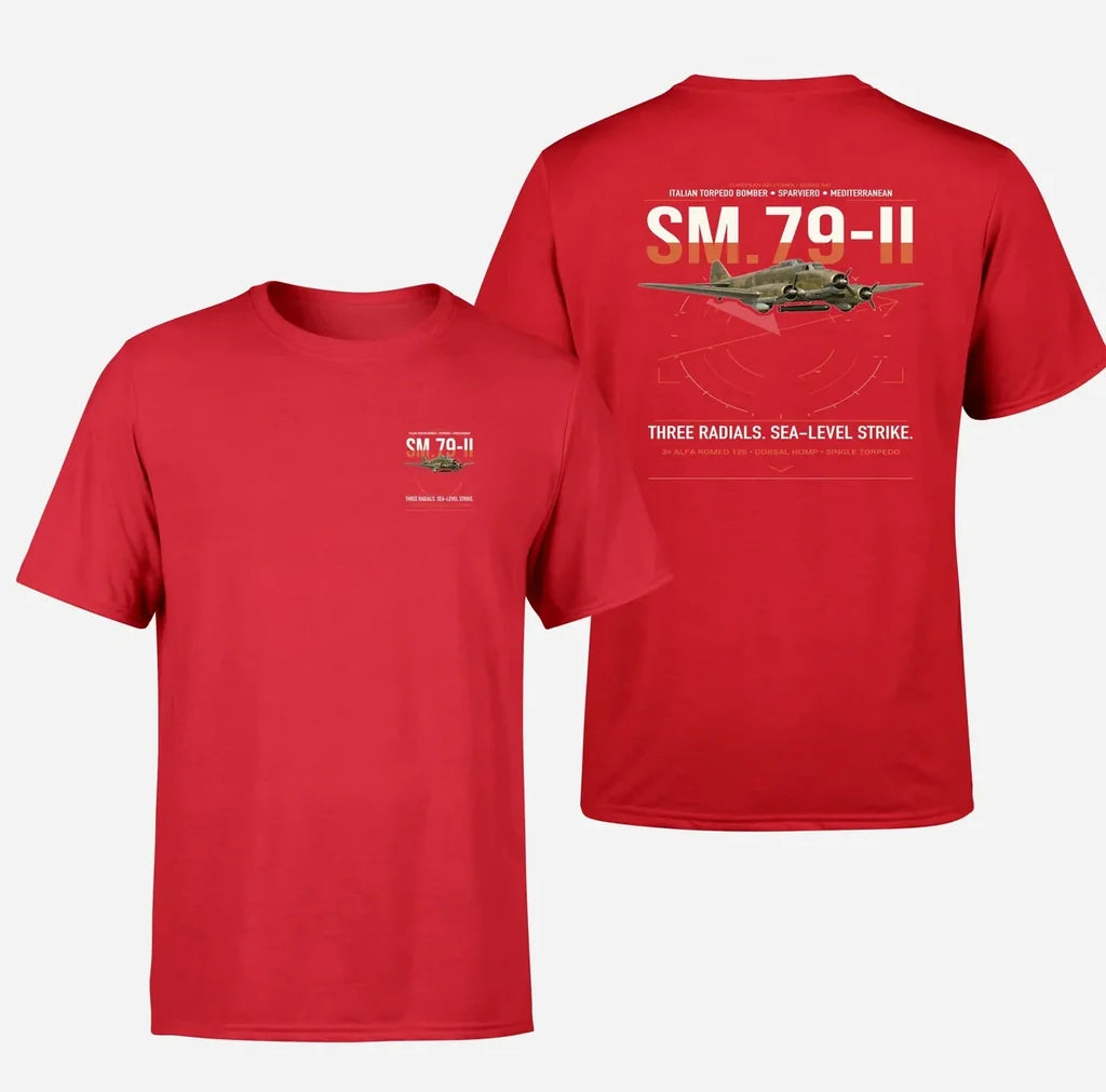 Savoia-Marchetti SM.79-II Sparviero design on red t-shirt, double-side print