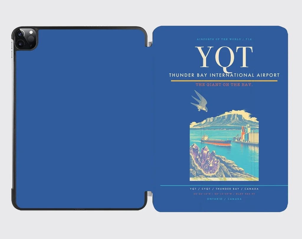Thunder Bay International Airport (YQT) design on blue ipad tablet case