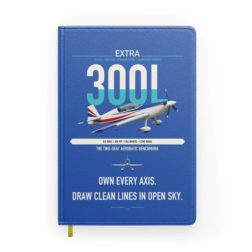 Extra 300L design on blue notebook