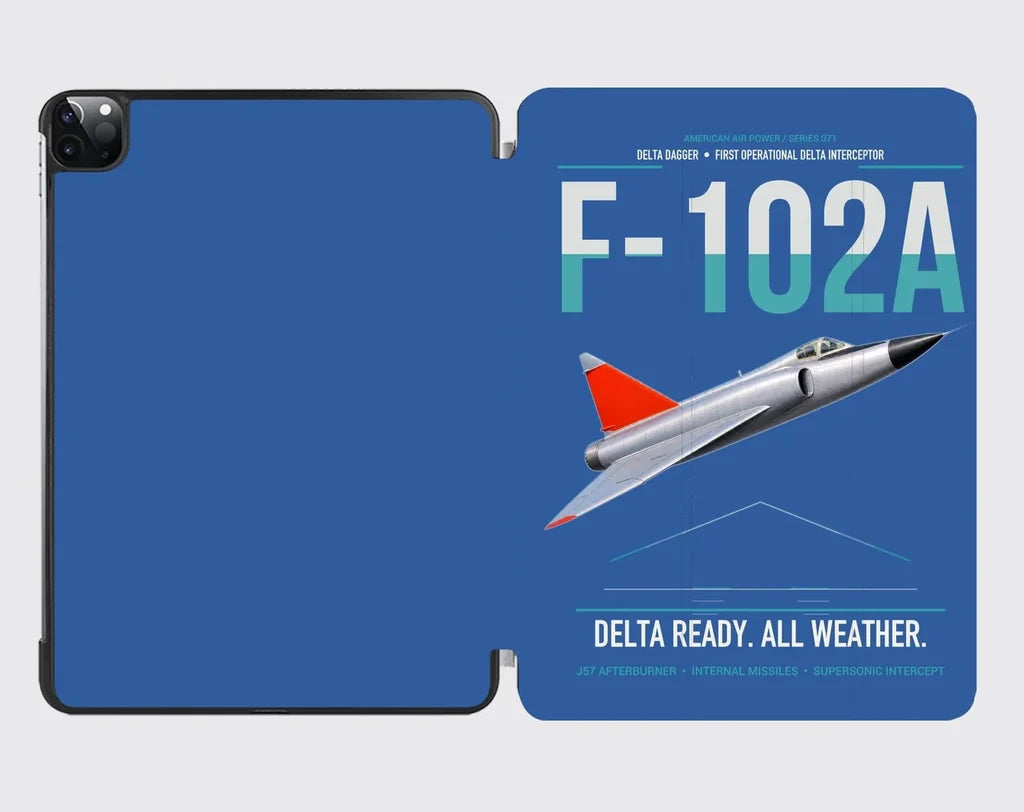 F-102A Delta Dagger design on blue ipad tablet case
