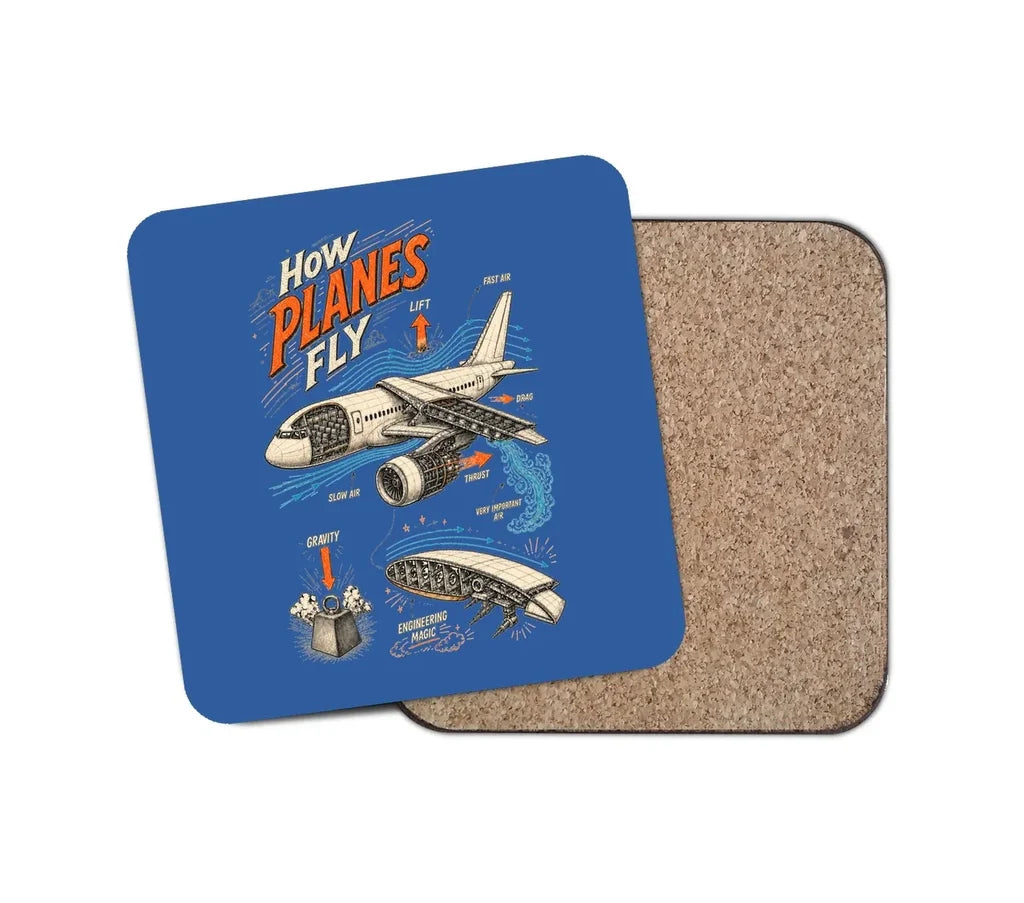 How Planes Fly V2 design on blue 1 piece coaster