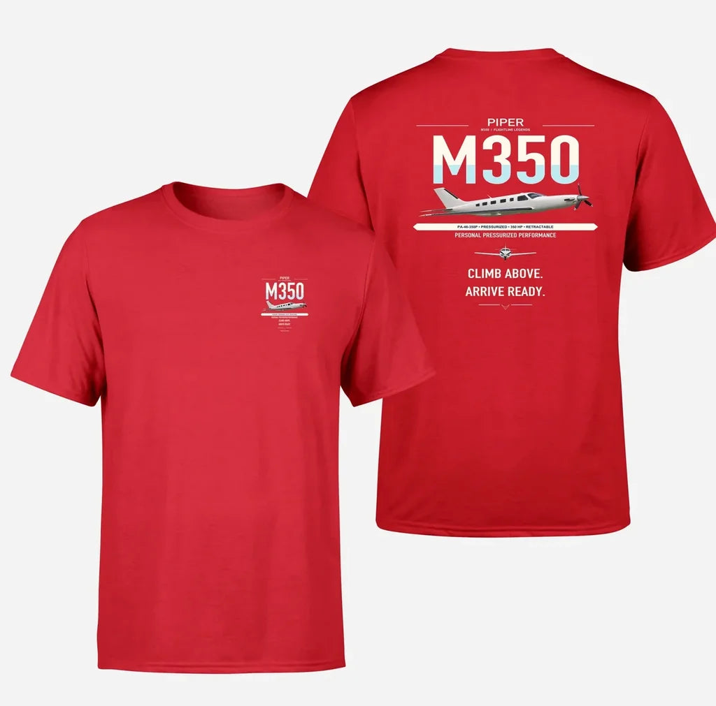 Piper M350 design on red t-shirt, double-side print
