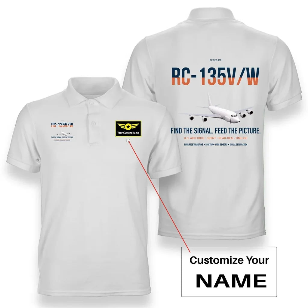 RC-135V W Rivet Joint design on white+name double-side polo t-shirt, double-side print