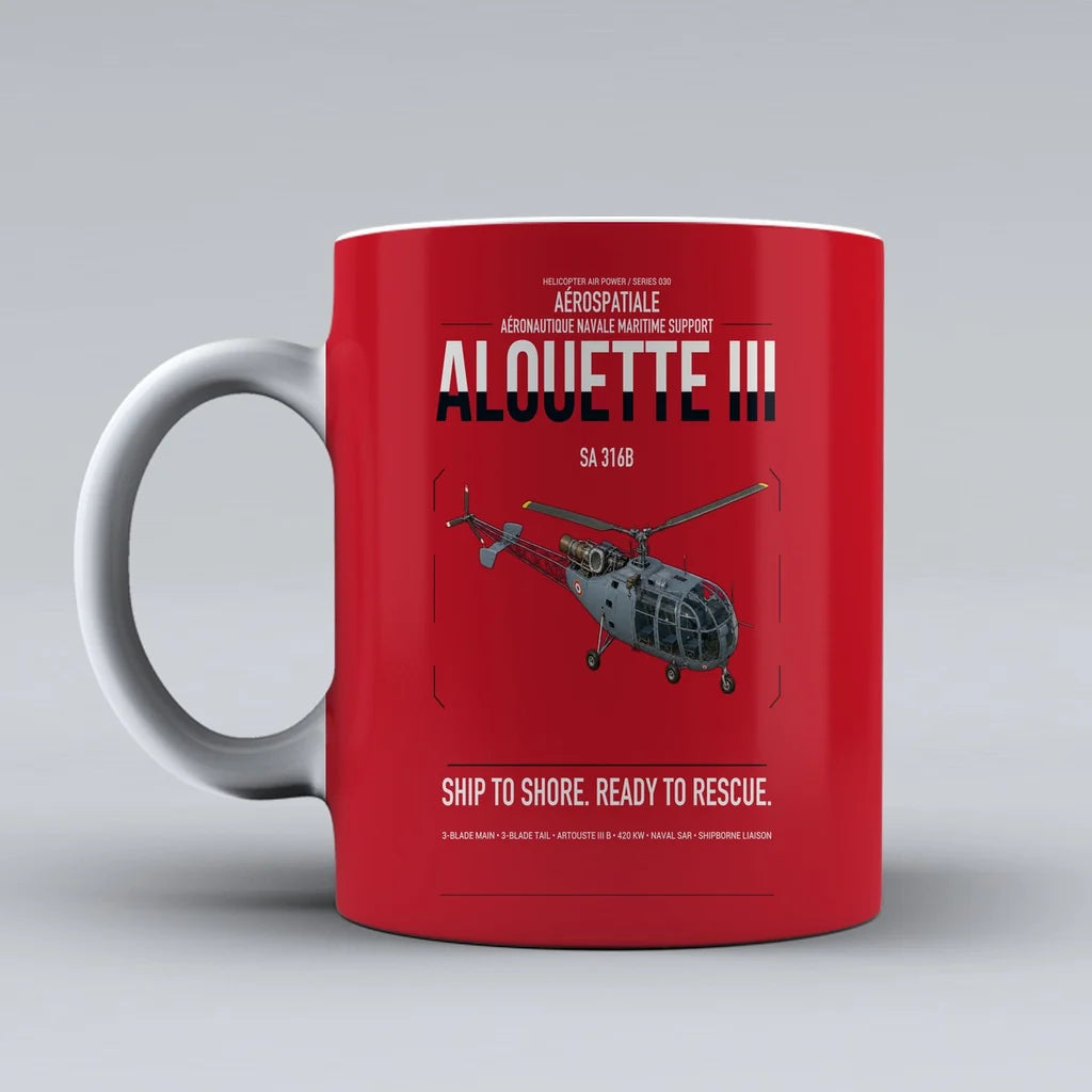 Aérospatiale SA 316B Alouette III design on red ceramic mug, double-side print