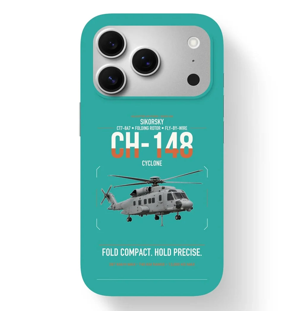 Sikorsky CH-148 Cyclone design on turquoise magsafe iphone case, for iPhone 17 Pro