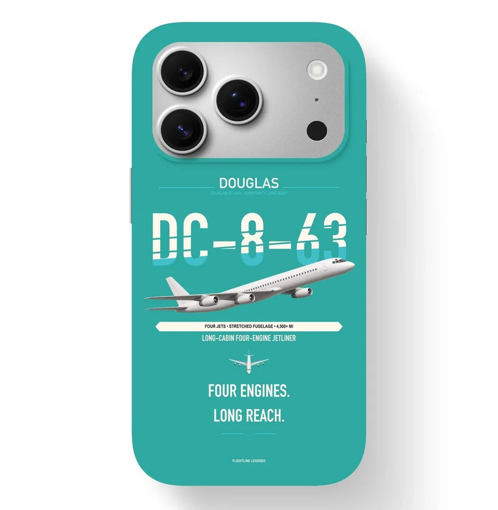 Douglas DC-8-63 design on turquoise magsafe iphone case, for iPhone 17 Pro
