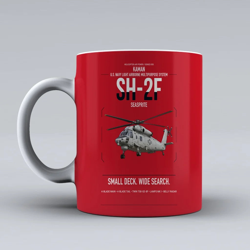 Kaman SH-2F Seasprite design on red ceramic mug, double-side print
