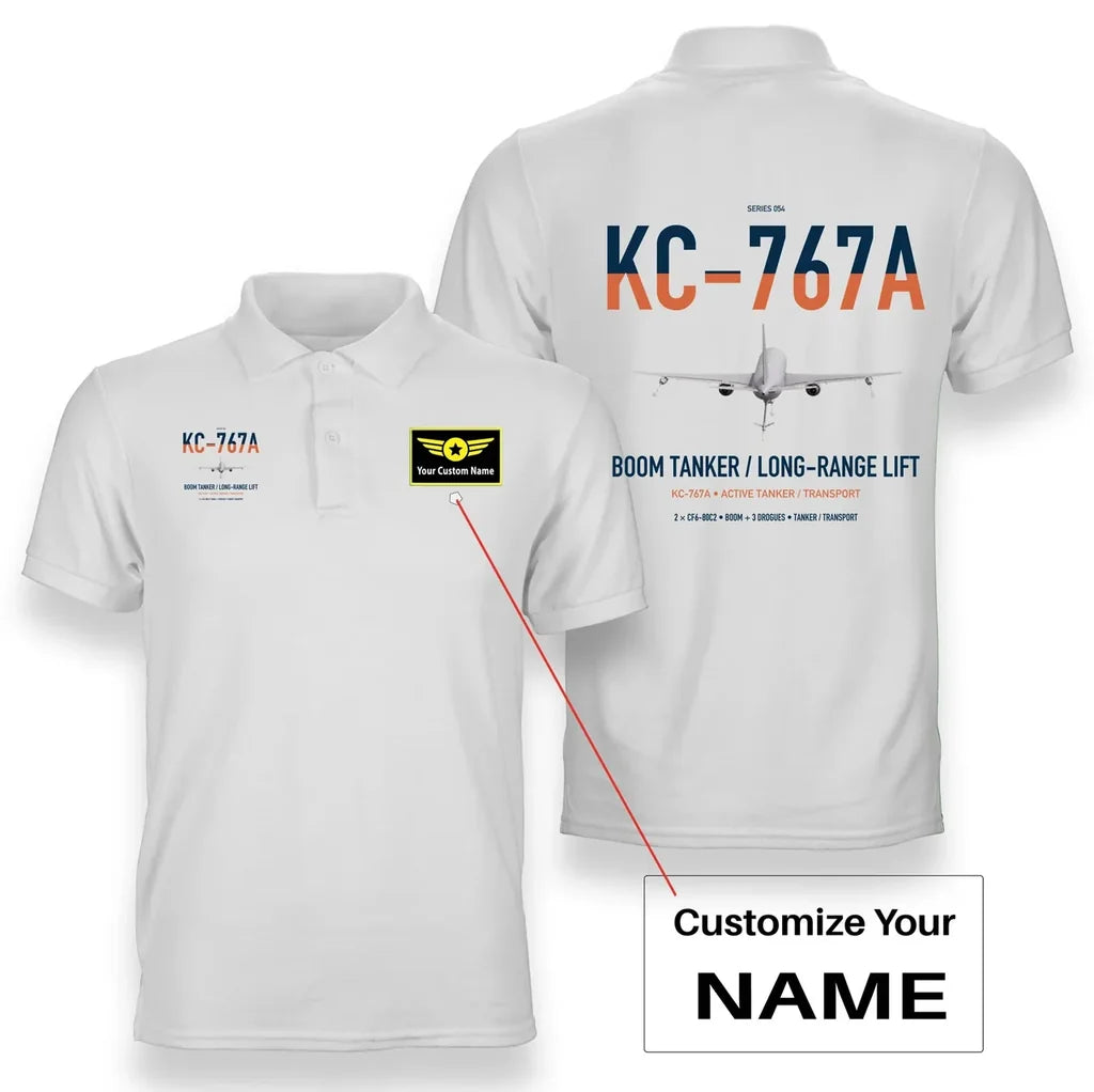 Boeing KC-767A design on white+name double-side polo t-shirt, double-side print