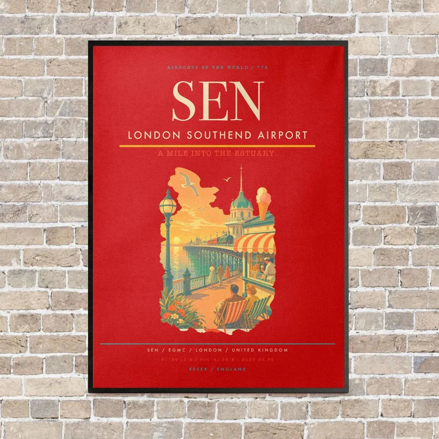 London Southend Airport SEN vertical canvas print - framed - red background