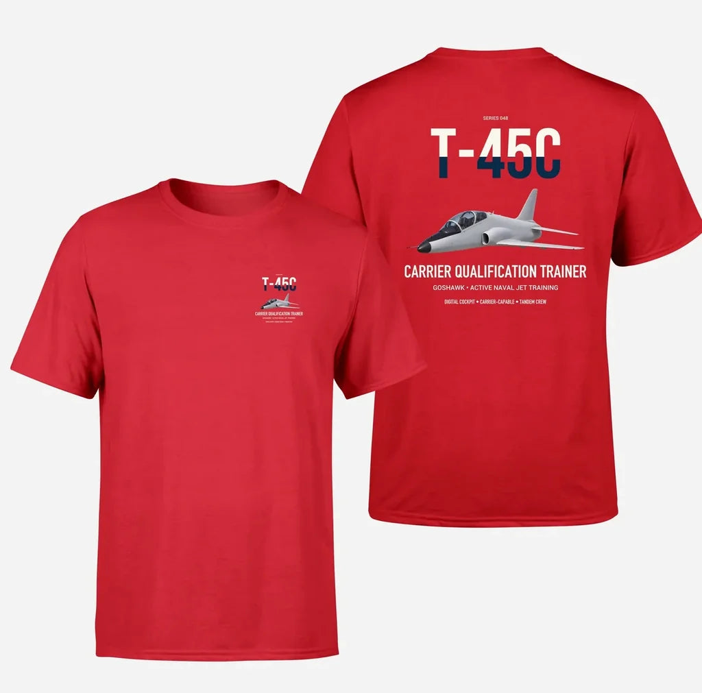 T-45C Goshawk design on red double-side t-shirt, double-side print
