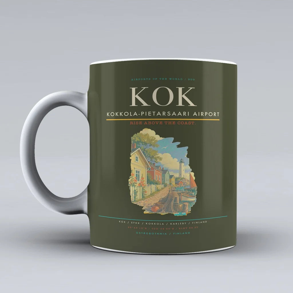 Kokkola-Pietarsaari Airport (KOK) airport code design on green army ceramic mug