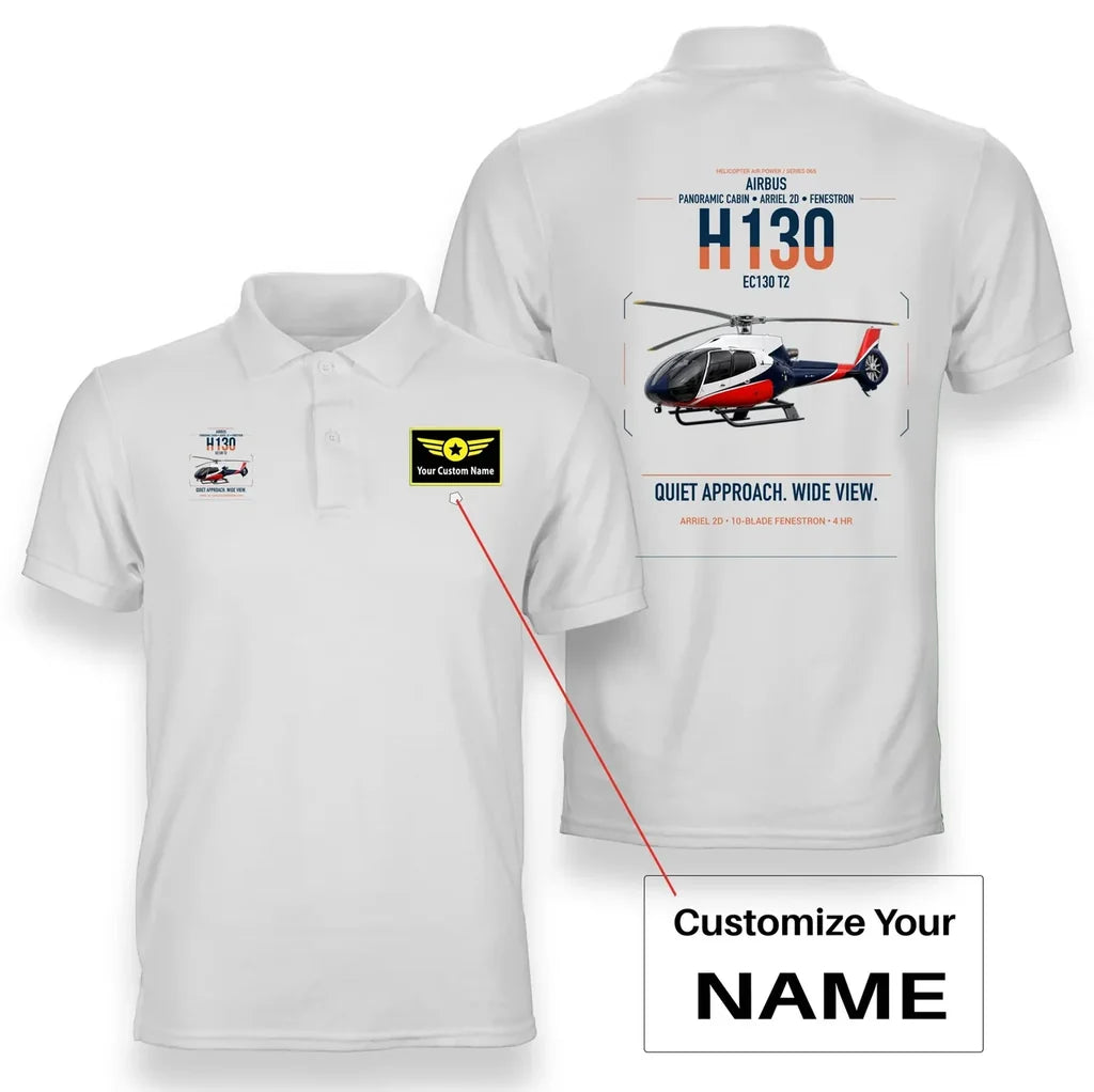 Airbus H130 design on white+name double-side polo t-shirt, double-side print