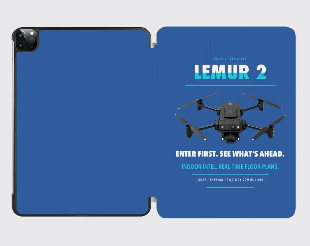 BRINC LEMUR 2 design on blue ipad tablet case