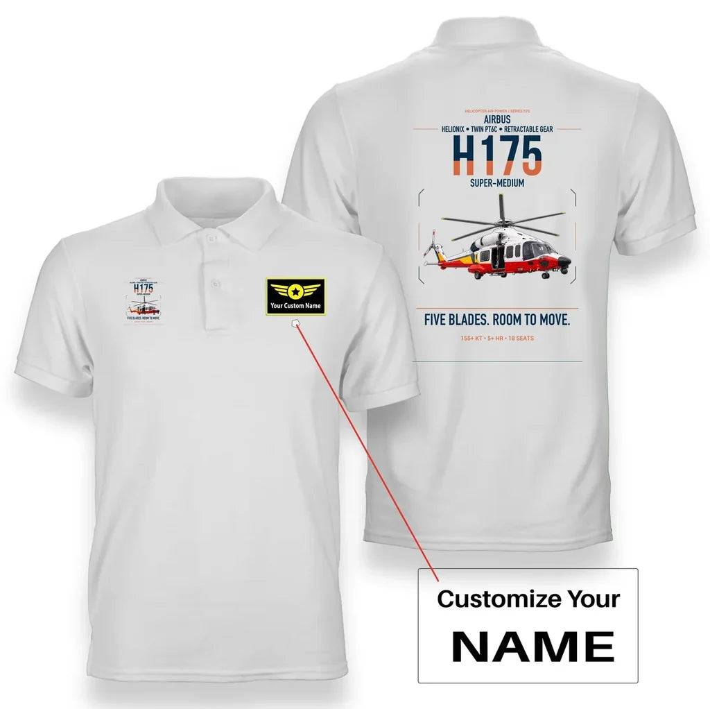 Airbus H175 design on white+name double-side polo t-shirt, double-side print