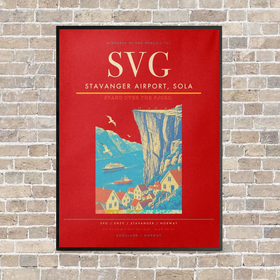 Stavanger Airport, Sola SVG vertical canvas print - framed - red background
